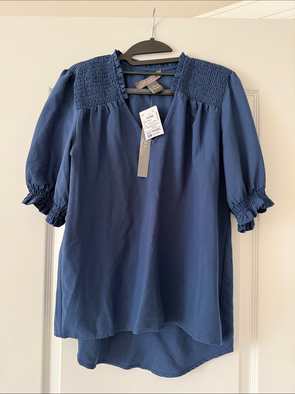 Smocked Yoke Navy Puff Sleeve Blouse